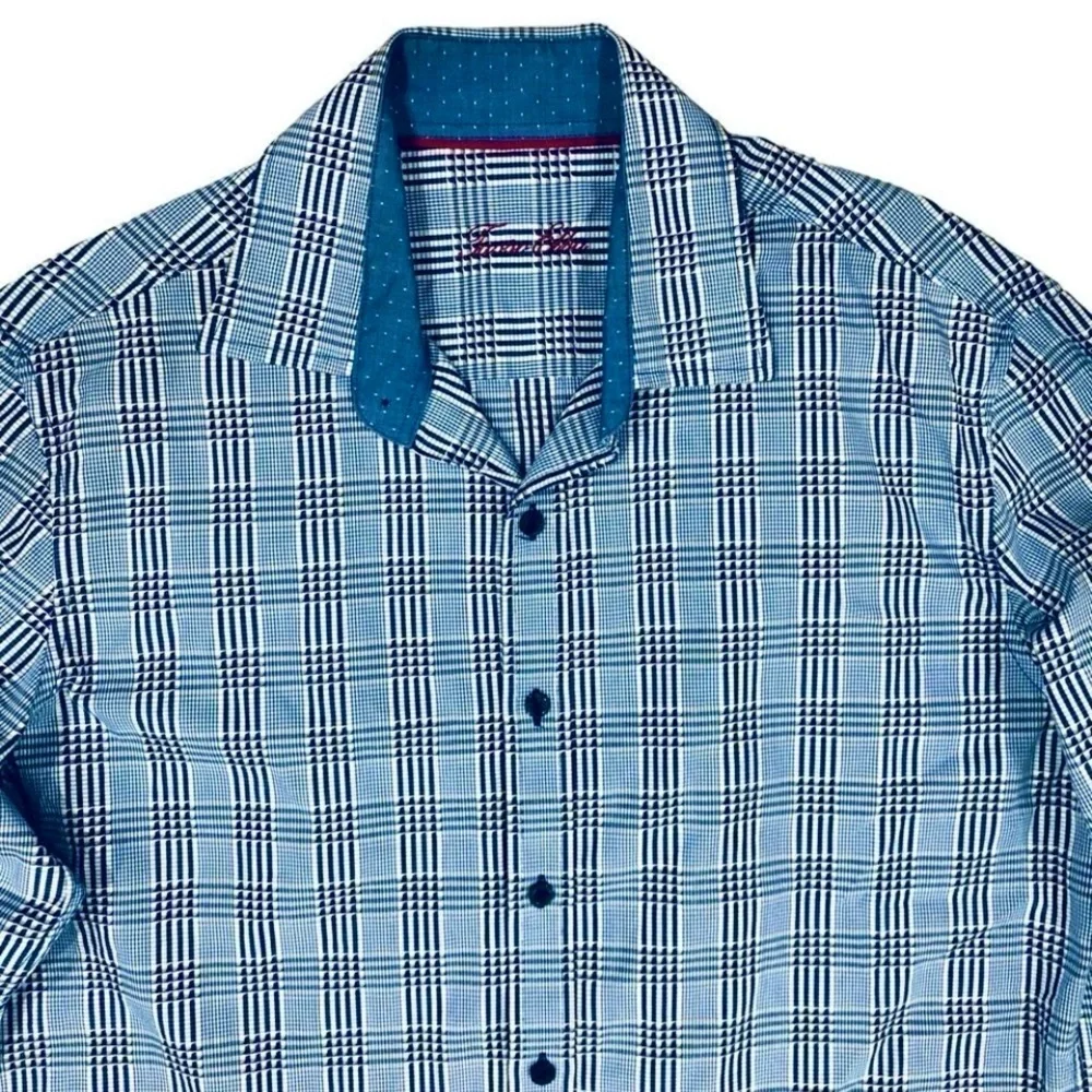 Tasso Elba Blue Plaid Buttons Down Long Sleeve Flip Cuff Sz M (15-151/2) Shirt